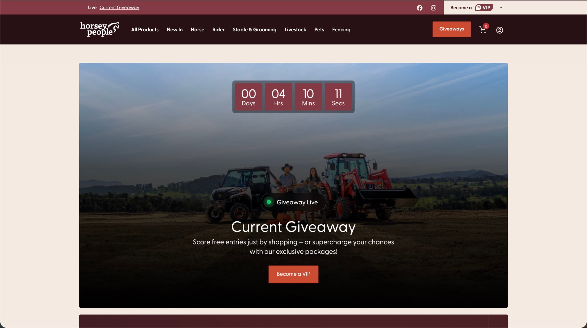 Horsey People current giveaway page with a live countdown timer and a Become a VIP button
