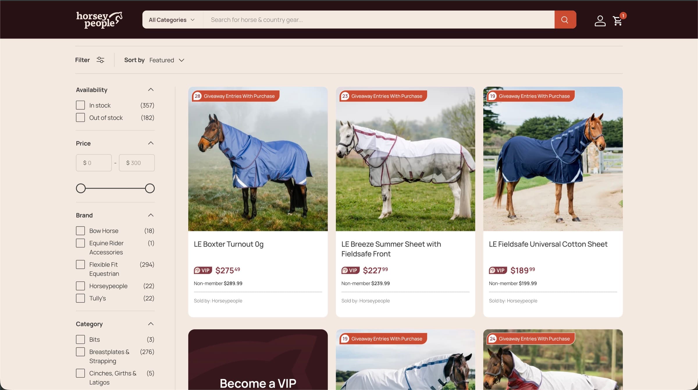Horsey People marketplace catalogue showing horse rugs with giveaway entry badges, VIP pricing and brand filters