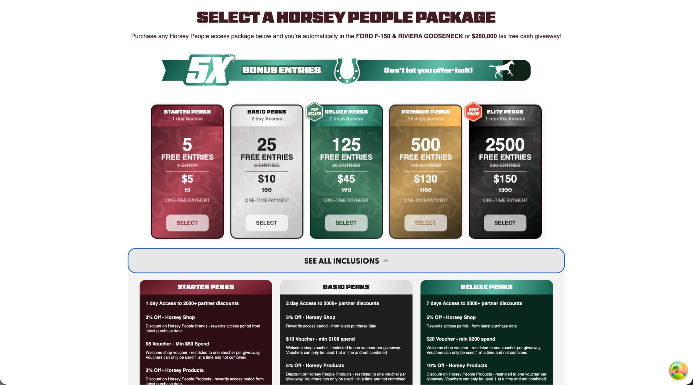 Horsey People package selection showing five entry packages from Starter to Elite perks, with bonus entries and member inclusions