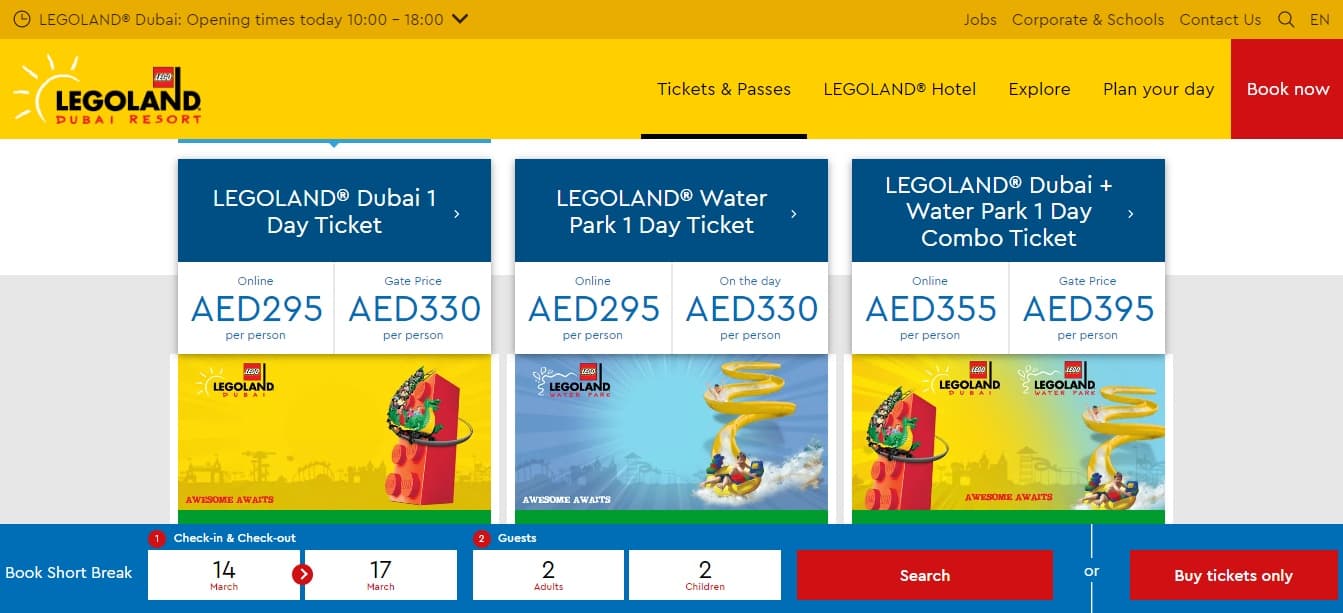 LEGOLAND Dubai tickets page comparing online and gate prices for park, water park and combo tickets