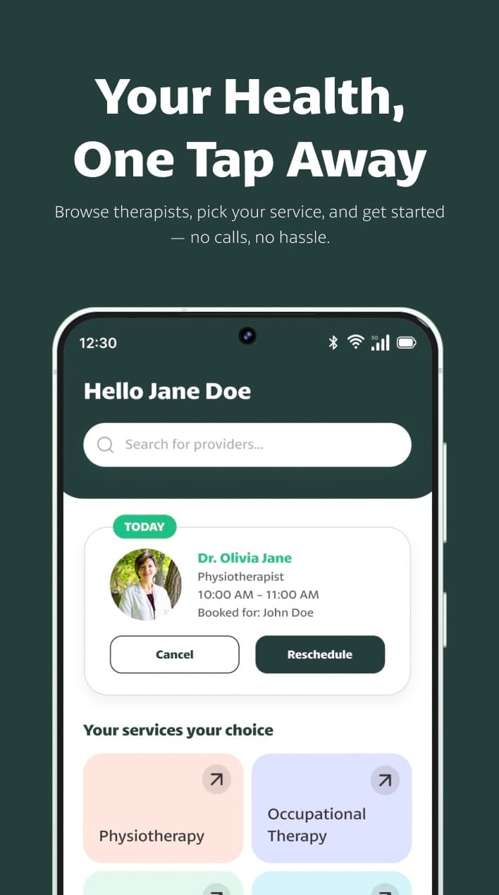 WaitOnce mobile app home screen showing today's physiotherapy booking with cancel and reschedule options